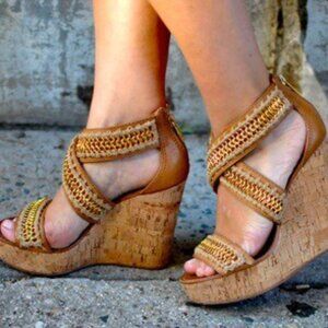 Tory Burch Lucian Chain Crochet-Trimmed Tan Leather Wedge Sandals